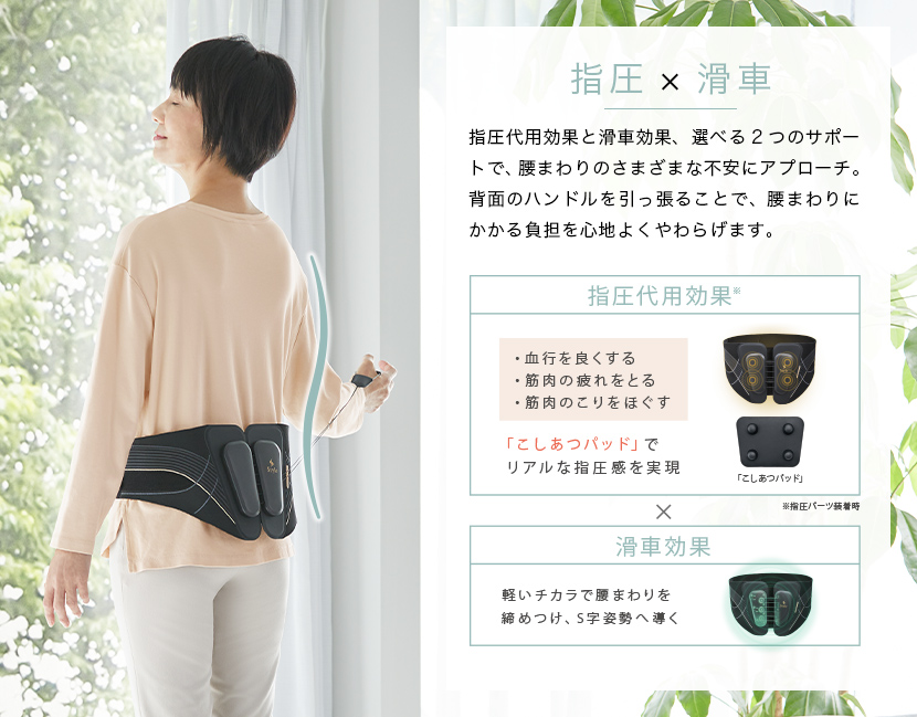 「こしあつパッド」でリアルな指圧感を実現。滑車効果により、軽いチカラで腰まわりを締めつけ、S字姿勢へ導く。